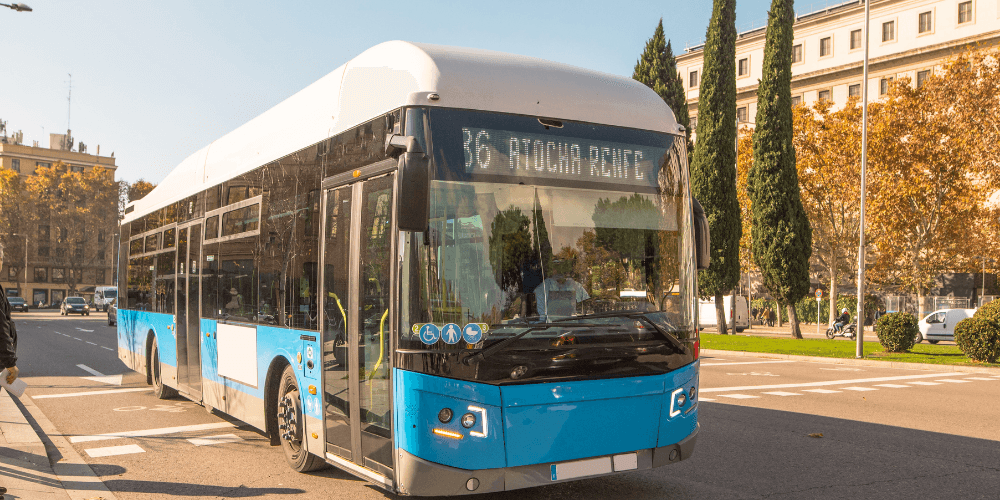 Autobús urbano azul hacia el centro de Calpe en calle soleada con cipreses