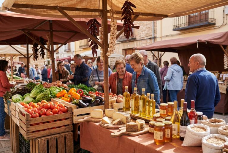 The Saturday market in Jalón: colourful stalls selling fresh vegetables, cheeses and olive oil. People walking around, authentic market atmosphere.