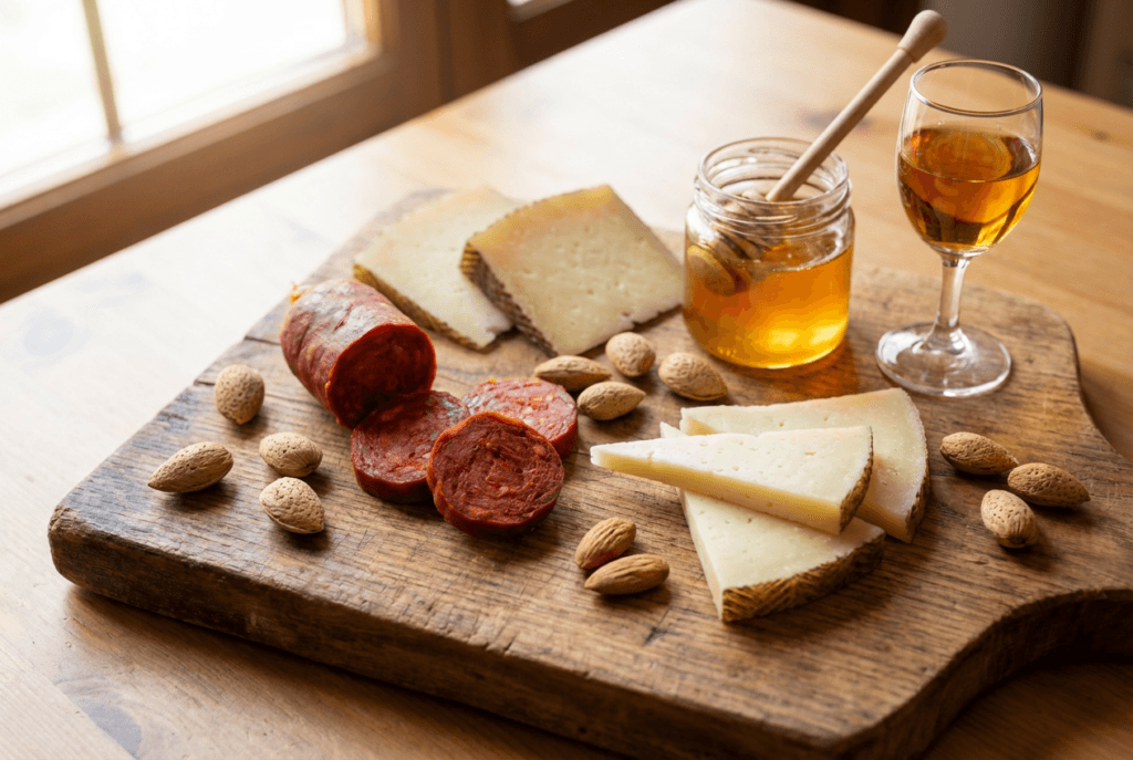 Close-up of local produce: a wooden board with Sobrasada, local cheese, almonds, a jar of honey and a glass of Mistela. Rustic styling on a table with natural light.
