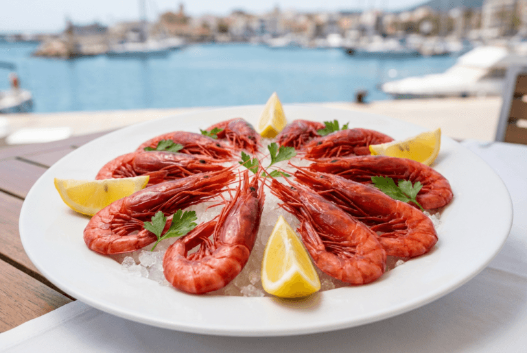 A plate of fresh Gamba Roja (red prawns) on ice, or a dish with the prawns, served at Els Magazinos or a restaurant on the port of Dénia
