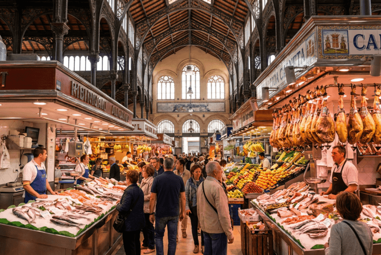 Inside view of the Mercado Central in Alicante: colourful stalls with fresh fish, Iberian ham and fruit. Architecture of the market hall visible.