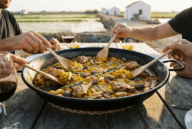 A traditional paella Valenciana in a large pan, served at the table with the rice fields of El Palmar in the background.