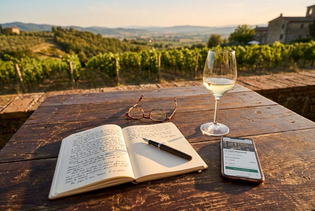 A cosy table at Casa Llibertat with a notebook, a glass of wine, and a smartphone (suggesting planning/reserving), with the vineyards in the background.