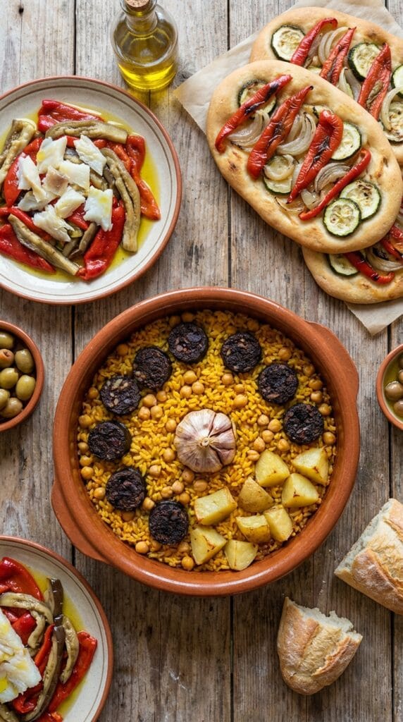 A composition of typical dishes: Arroz al Horno in an earthenware dish, Cocas, and Espencat on rustic plates, photographed from above.